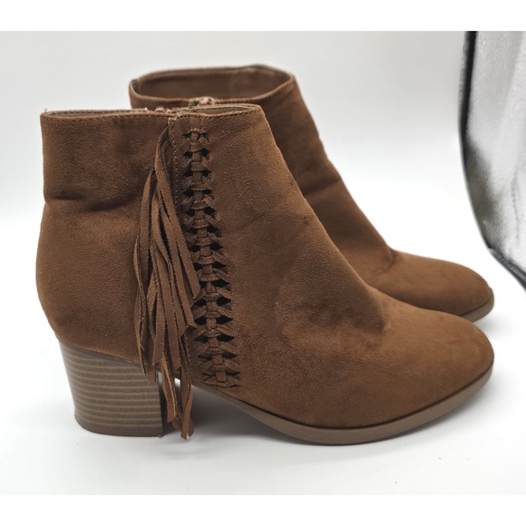 Maurices Jill Fringe Ankle Boots Brown Faux Suede Bootie Side Zips Sz 8M - Picture 1 of 7